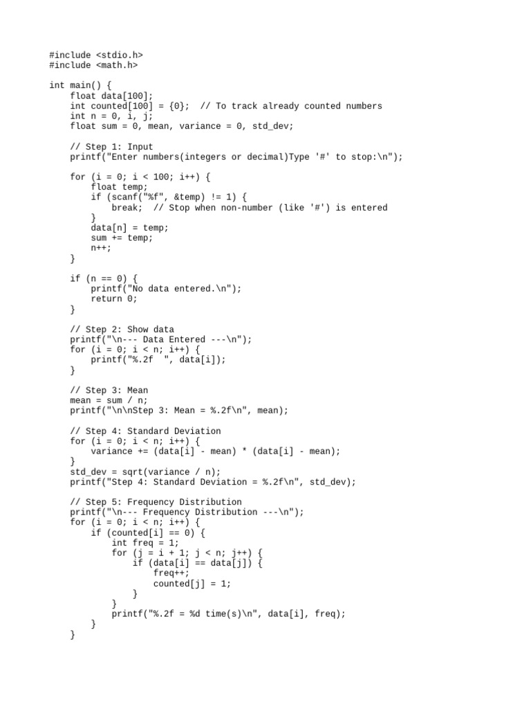 Calculate Mean & Std Dev in C | PDF