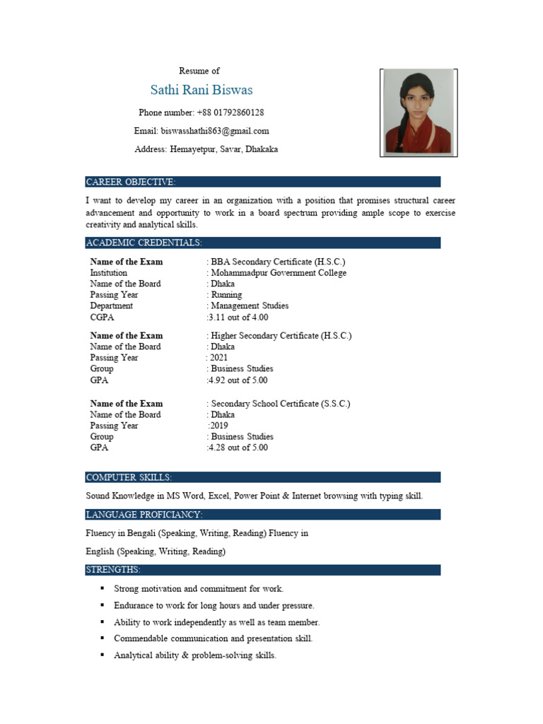 Resume of Sathi Rani Biswas | PDF