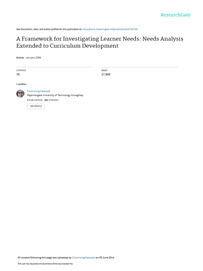 Learner Needs Analysis Framework for ESP | PDF | Curriculum | Learning