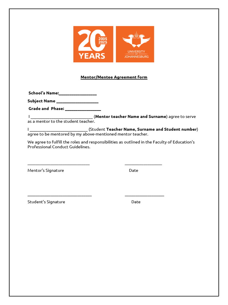 Mentor-Mentee Agreement Form 2025 | PDF