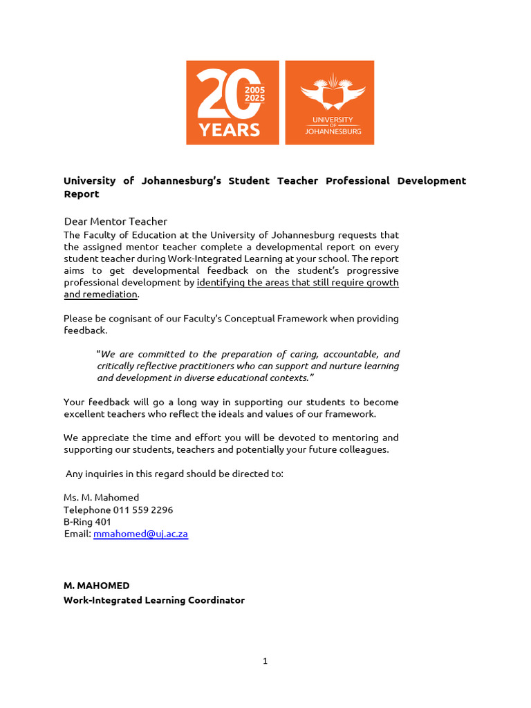 Developmental Report For Mentor Teachers Seven Week WIL 2025 M Mahomed ...