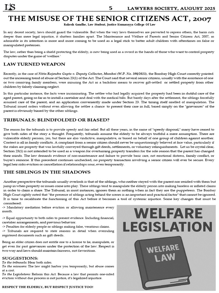 Misuse of Senior Citizens Act, 2007 | PDF | Sibling | Justice