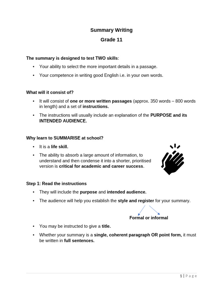Grade 11 Summary Writing Guide | PDF | Speed Reading | Word