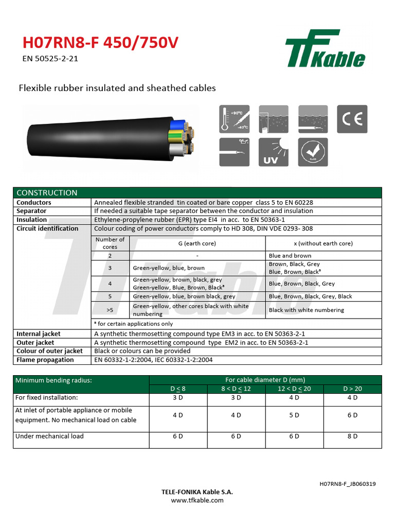 H07RN8-F Flexible Cable Specifications | PDF | Electrical Conductor | Wire