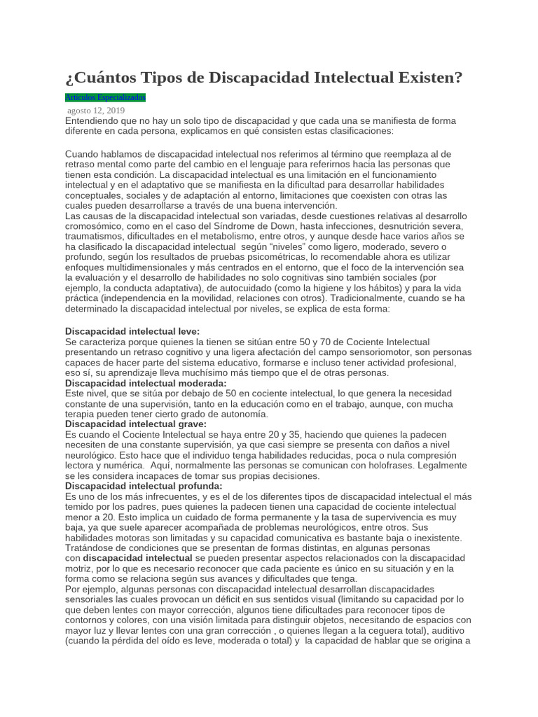 Tipos y Clasificación de Discapacidad Intelectual | PDF | Discapacidad ...