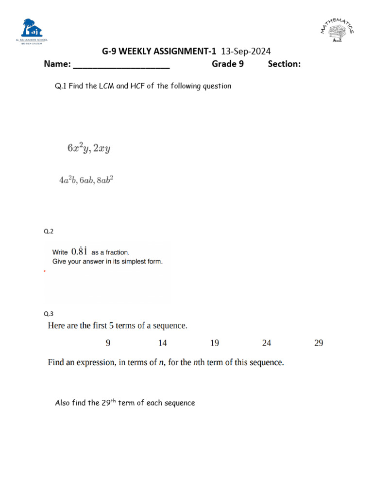 Grade 9 LCM, HCF, and Sequences Assignment | PDF