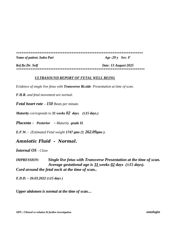 Ultrasound Report: Fetal Well-Being at 31 Weeks | PDF