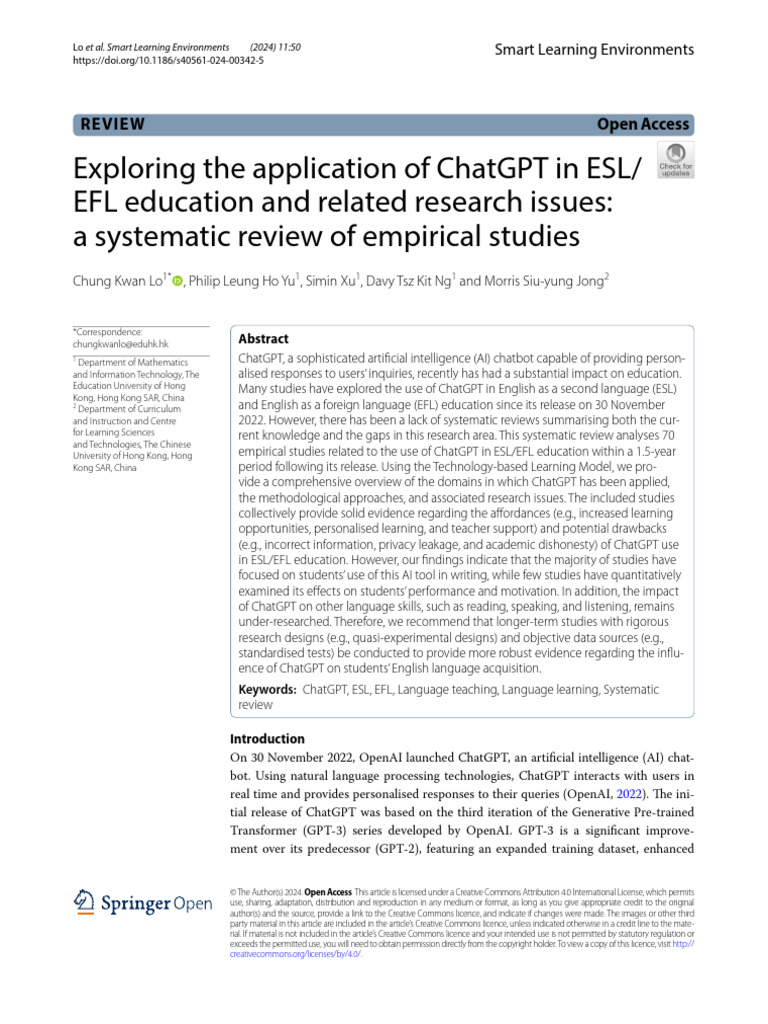 ChatGPT in ESL/EFL Education: A Review | PDF | English As A Second Or ...