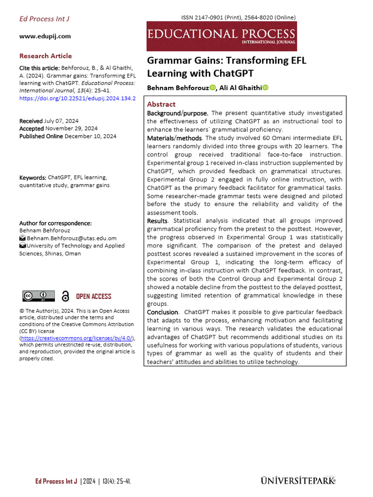 Grammar Gains - Transforming EFL Learning With ChatGPT | PDF | Learning ...