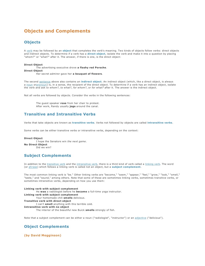 Understanding Object Complements in Grammar | PDF | Verb | Object (Grammar)