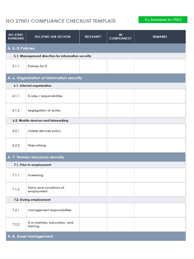 ISO 27001 Compliance Checklist Template | PDF | Access Control ...