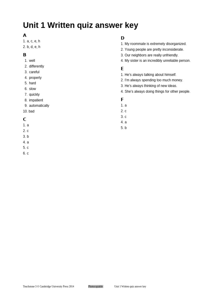 Unit 1 Written Quiz Answer Key | PDF