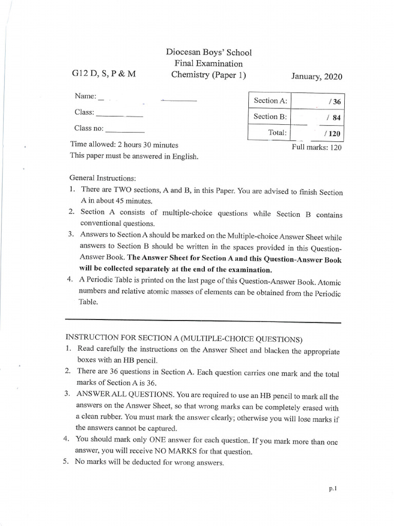 Dbs 2020 Chem Paper 1a - 1b | PDF