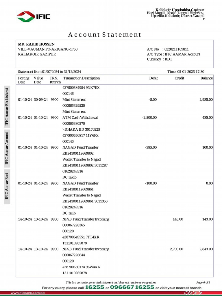 MD Rakib Hossen Bank Statement | PDF | Debit Card | Cash