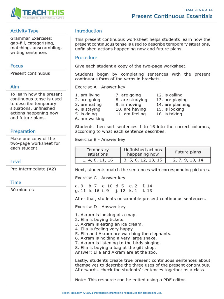 Present Continuous Tense Worksheet | PDF | Chess | Linguistics
