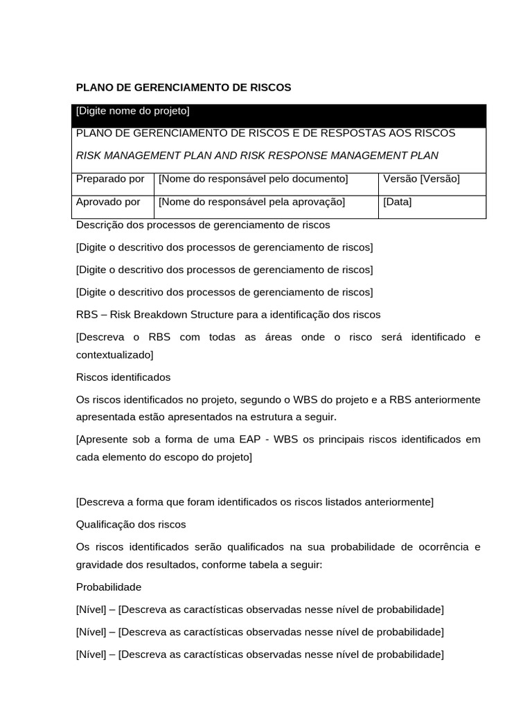 Plano de Gerenciamento de Riscos Projetos | PDF