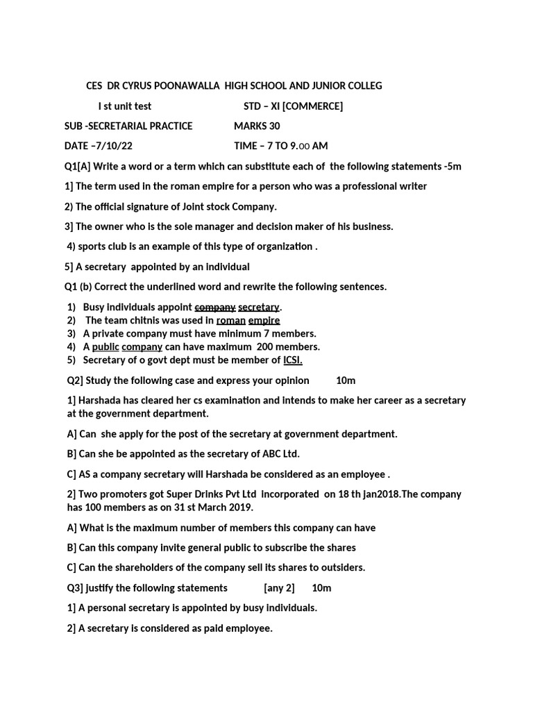 11th Commerce SP Unit Test Paper | PDF