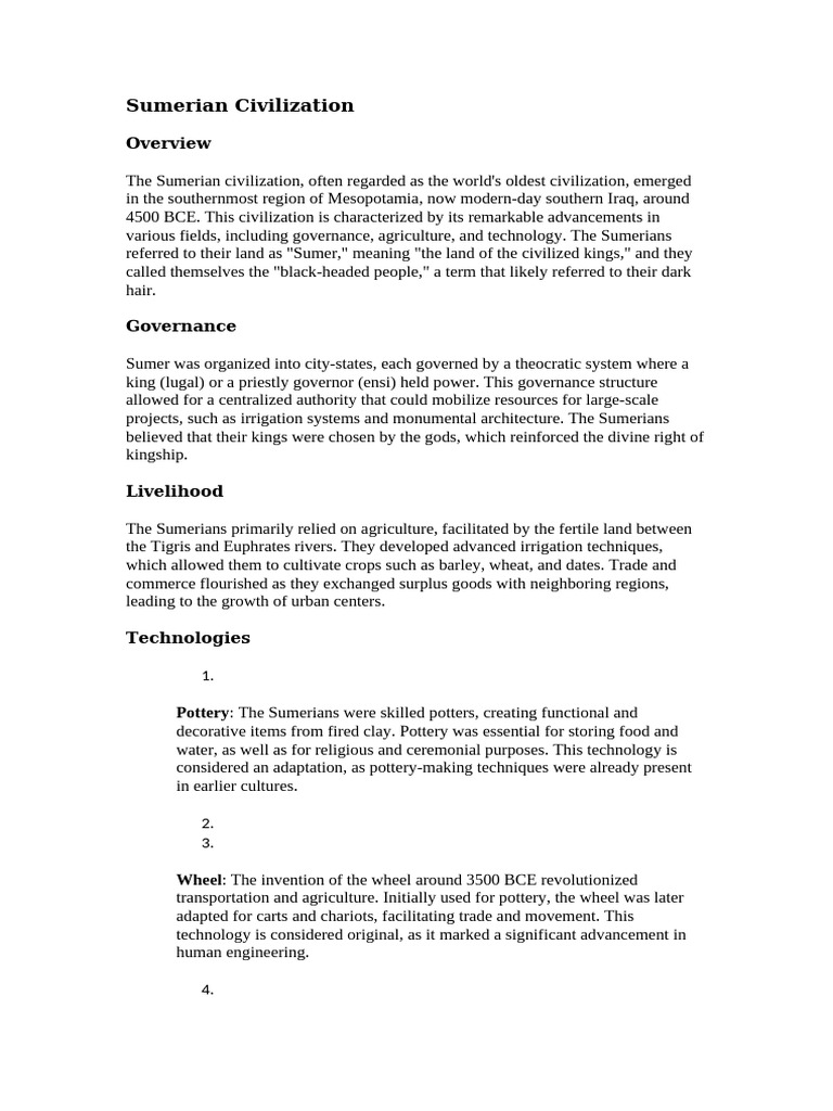 Sumerian Civilization | PDF | Sumer | Ancient Egypt