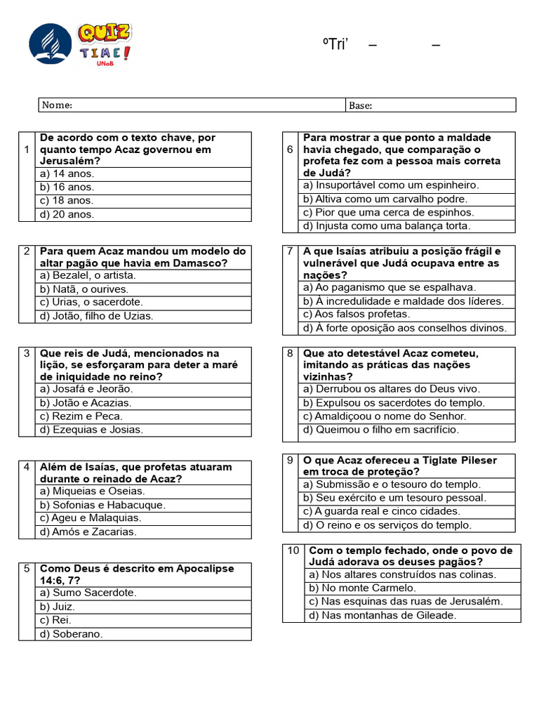 Quiz sobre Acaz e a Iniquidade em Judá | PDF | Isaías | Hebreus na Bíblia