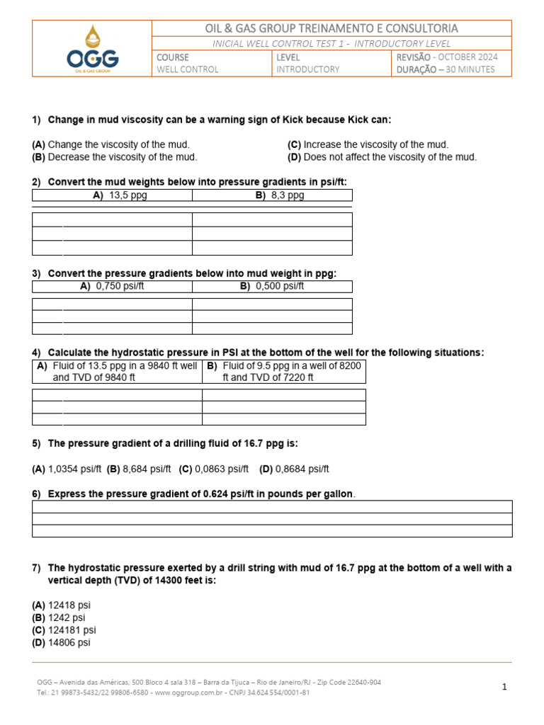 Introductory Well Control Training Test | PDF | Barrel (Unit ...