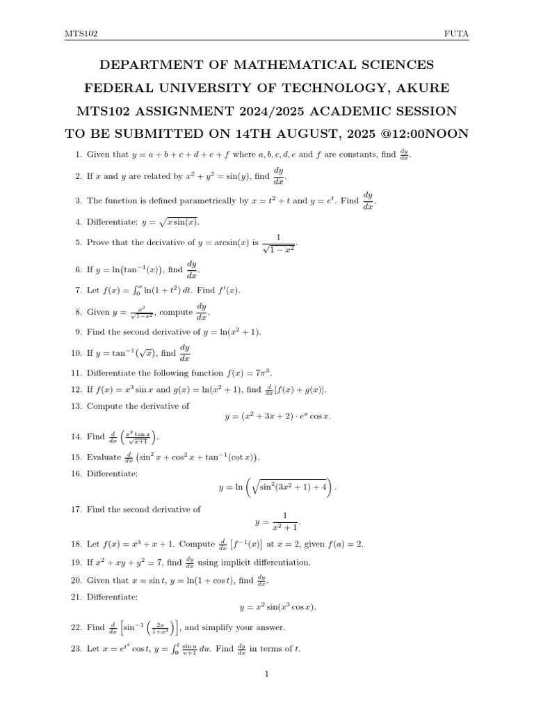 Mts 102 Assignement 20242025 | PDF | Complex Analysis | Calculus
