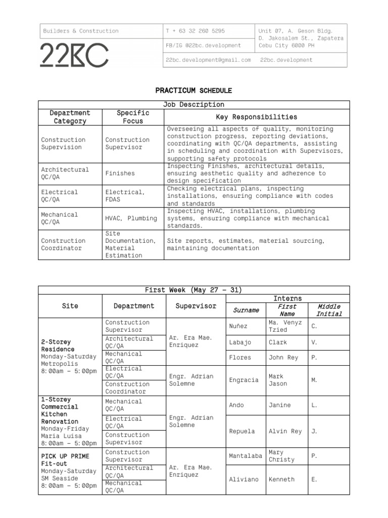 Tzied's Construction Practicum Schedule | PDF