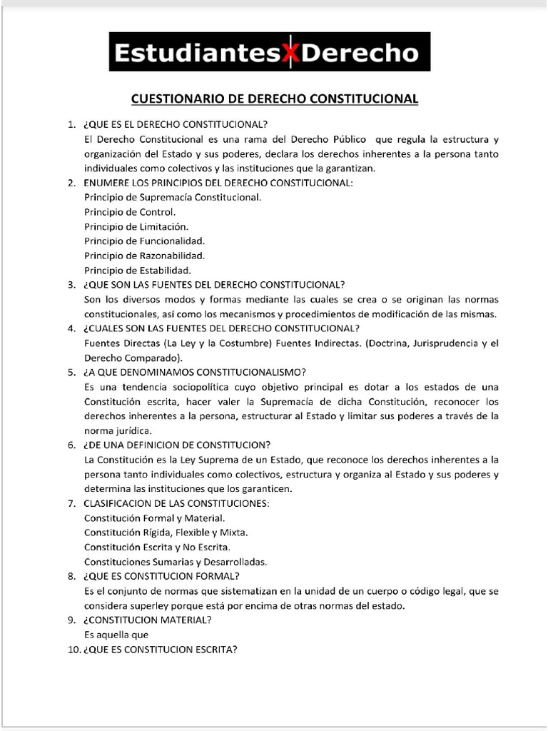 Cuestionario de Derecho Constitucional | PDF