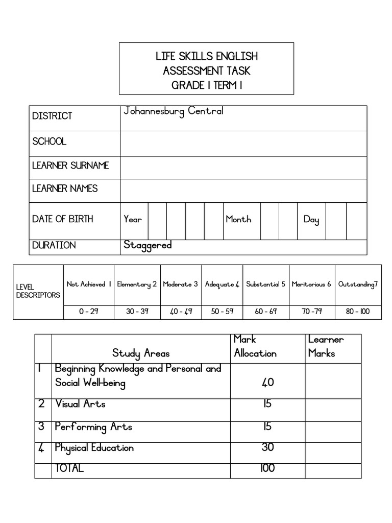 Grade 1 Life Skills Assessment Term 1 | PDF