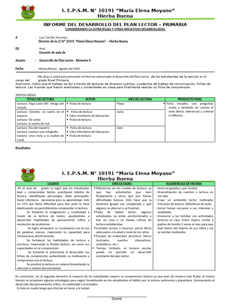 Informe sobre Plan Lector Primaria 2025 | PDF | Ciencia cognitiva ...