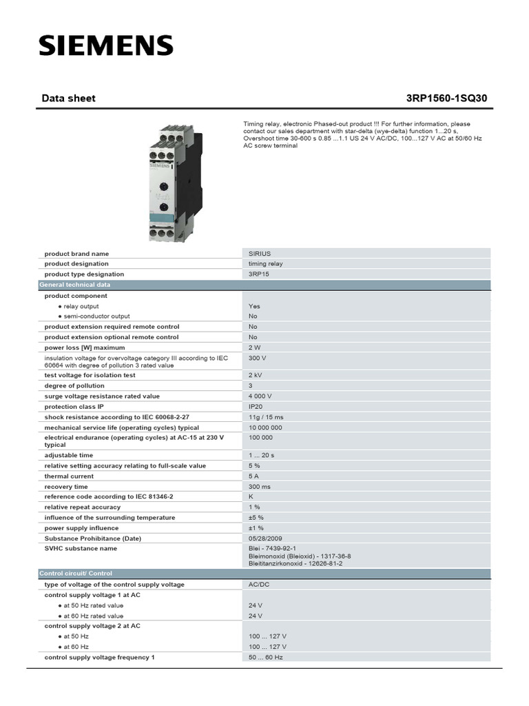 Siemens 3RP1560 Timing Relay Data Sheet | PDF | Alternating Current | Relay