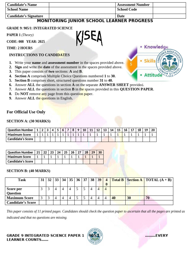Grade 9 Integrated Science Paper 1 | PDF | Chemical Elements | Flowers