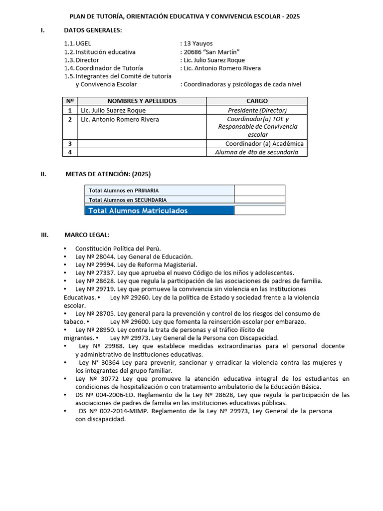 Plan de Tutoría y Convivencia Escolar 2025 | PDF | Escuelas | Educación ...