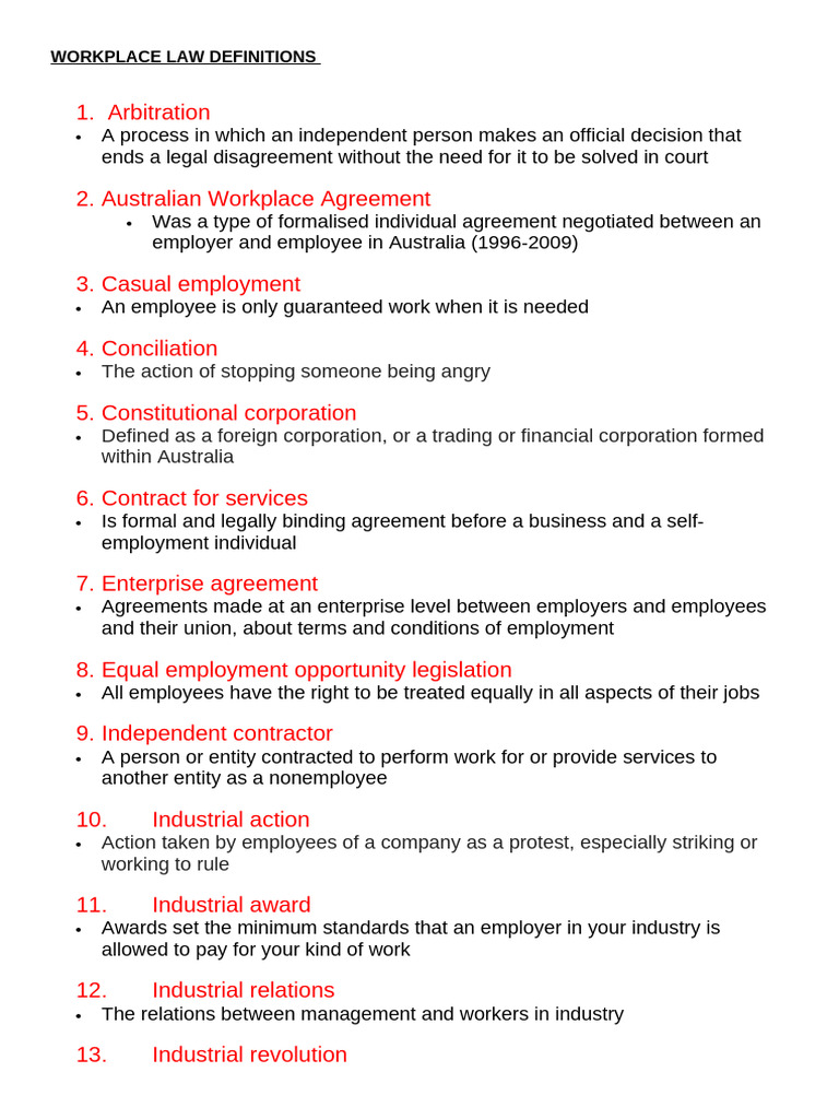 Key Workplace Law Definitions Explained | PDF | Employment | Strike Action