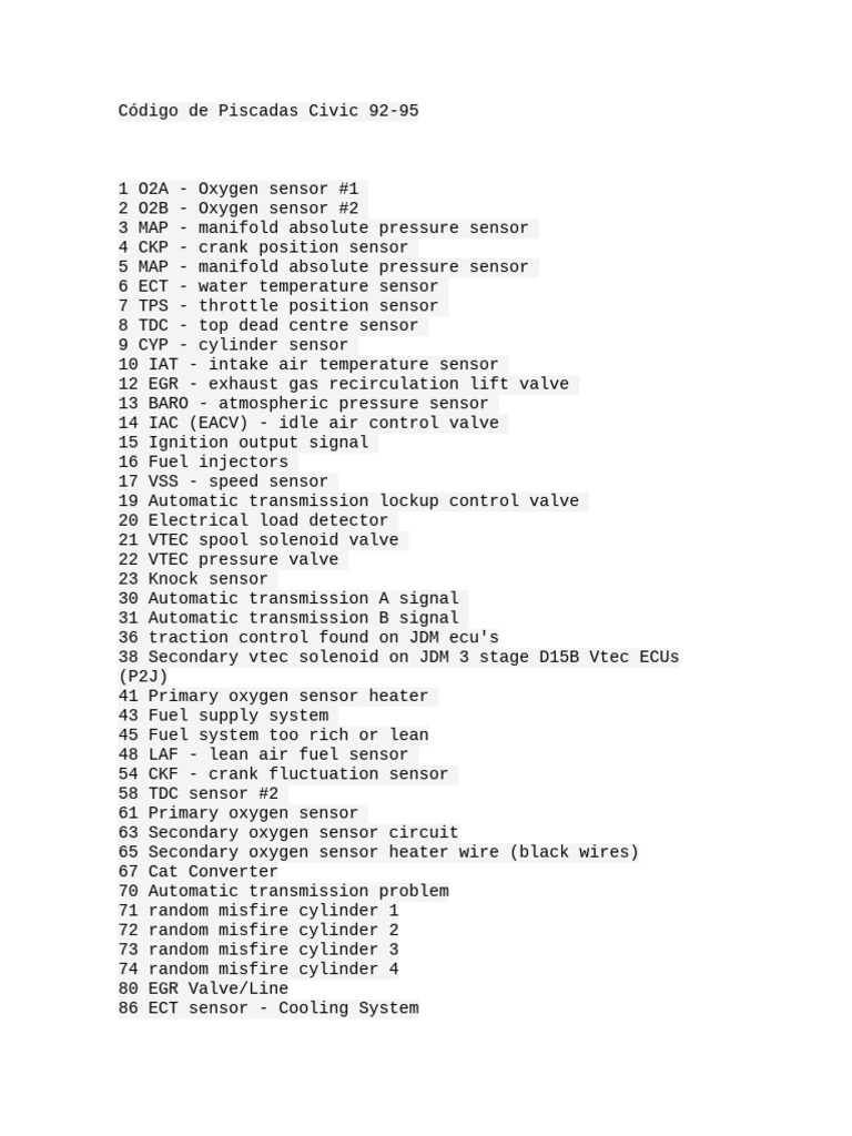 JDM Civic 92-95 Sensor Codes Guide | PDF