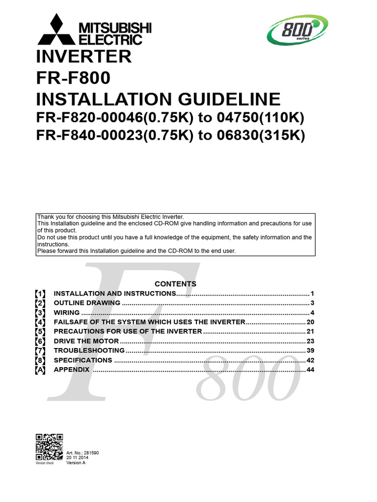 Mitsubishi F800 Inverter Installation Guide | PDF | Electric Motor ...