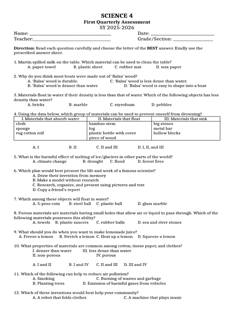 Science Assessment Questions for Grade 4 | PDF | Municipal Solid Waste ...