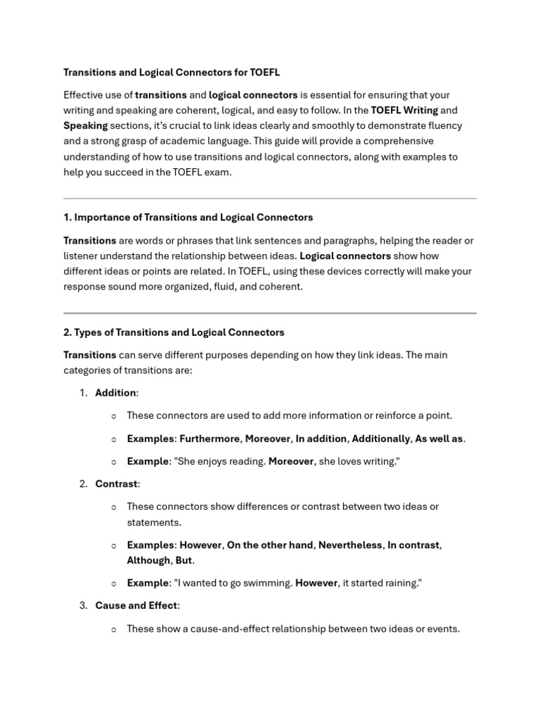 Transitions and Logical Connectors | PDF | Test Of English As A Foreign ...
