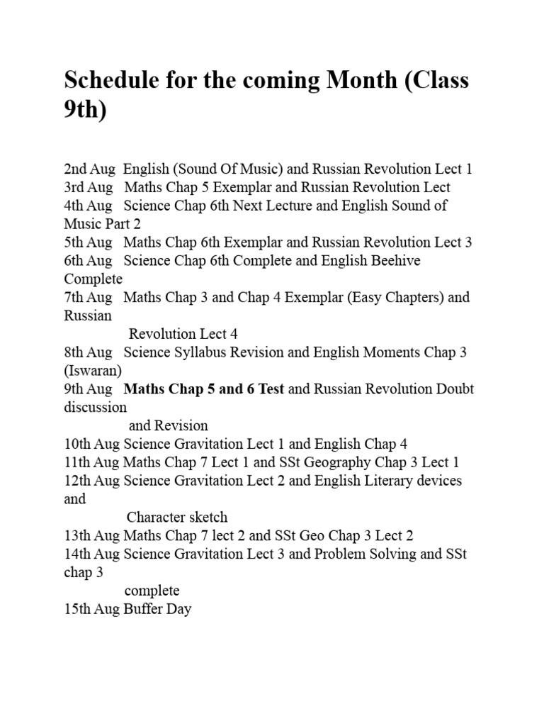 9th Grade Monthly Class Schedule | PDF
