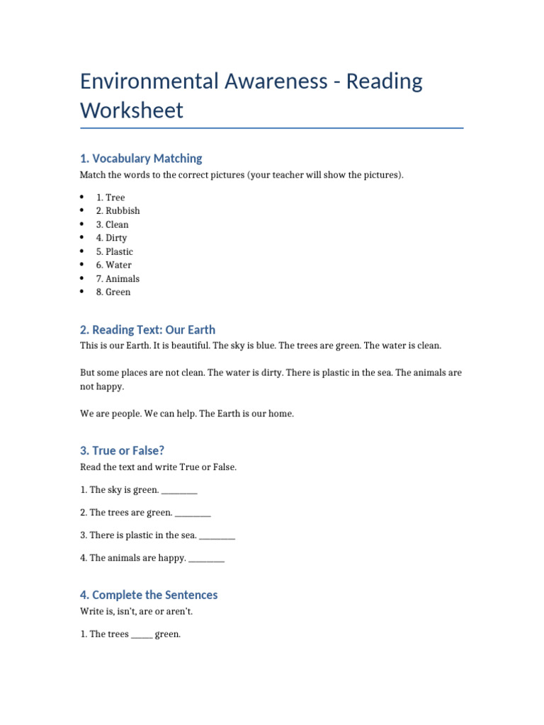 Environmental Awareness Reading Worksheet | PDF