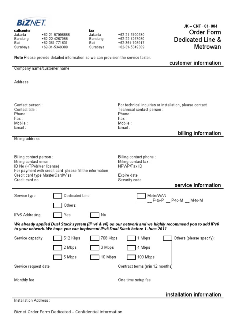 Biznet Order Form Dedicated Line Metrowan 040111 I Pv6 Service Level Agreement