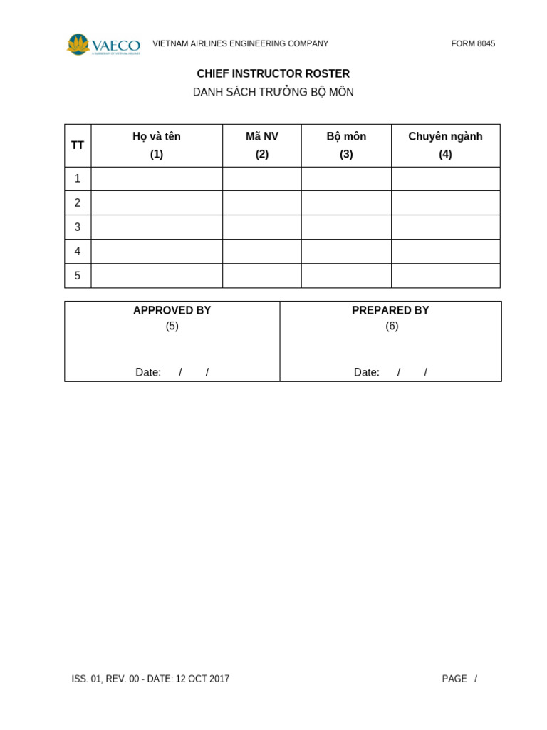 Form 8045 Chief Instructor Roster | PDF