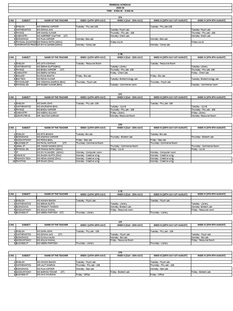 Weekly Class Schedule for Teachers | PDF