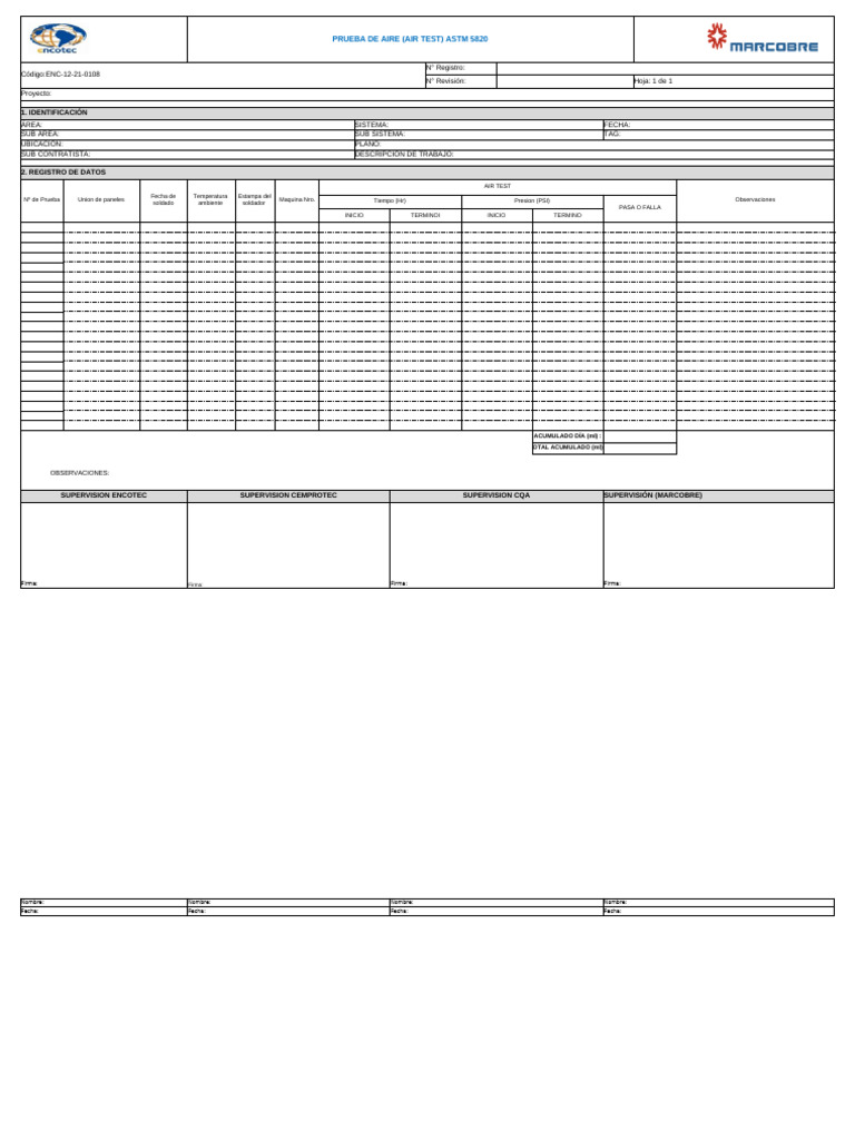Prueba de Aire ASTM 5820: Registro y Datos | PDF