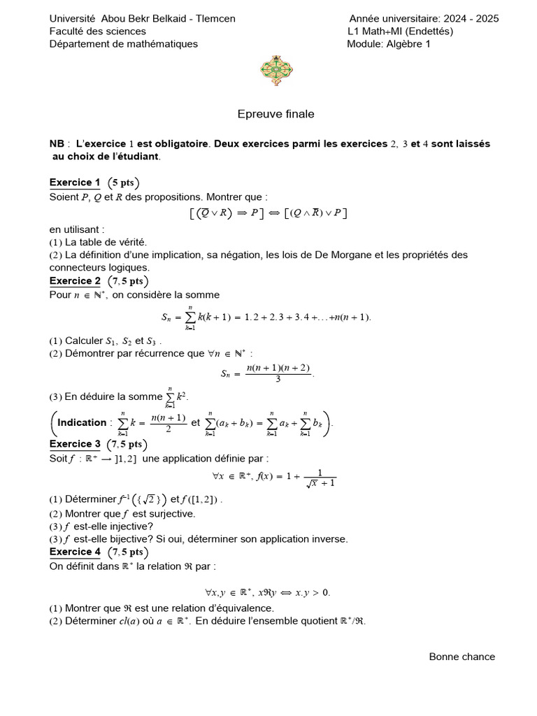 Épreuve finale Algèbre 1 - L1 Math MI | PDF | Objets mathématiques ...