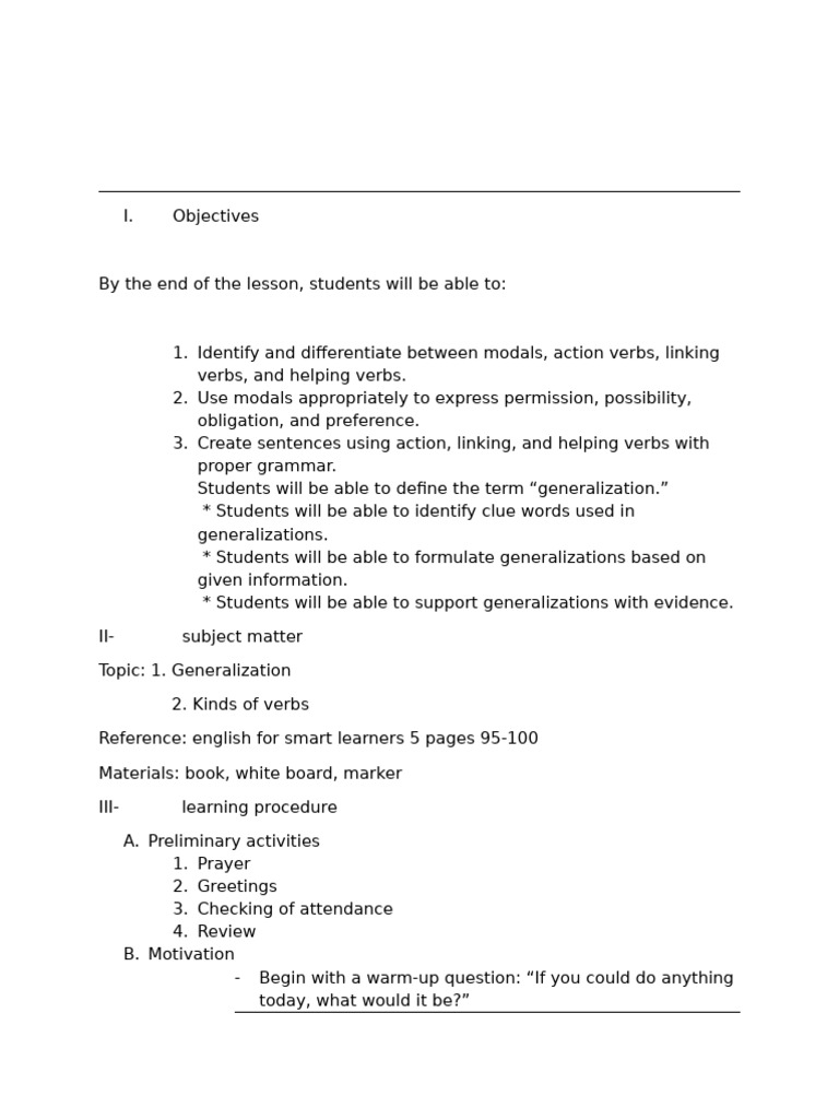 Verbs and Generalization Lesson Plan | PDF | Verb | Sentence (Linguistics)