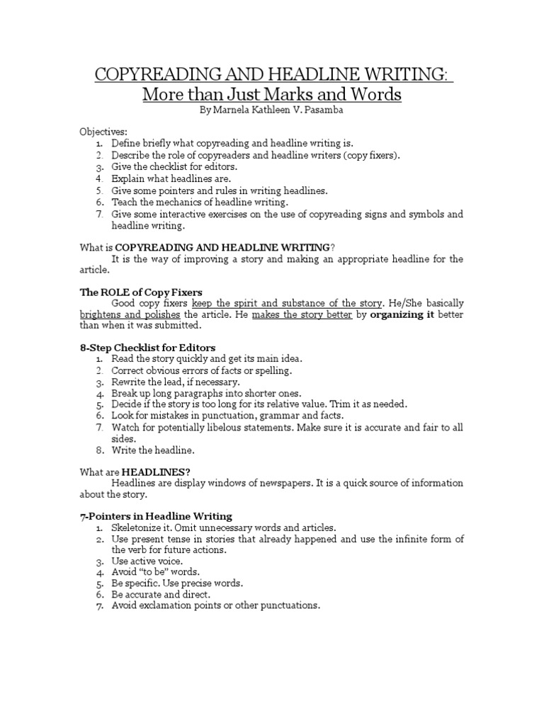 Copy Reading and Headline Writingmore Than Just Marks and Words