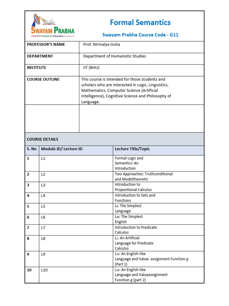 Formal Logic and Semantics Course Outline | PDF | Semantics | Logic