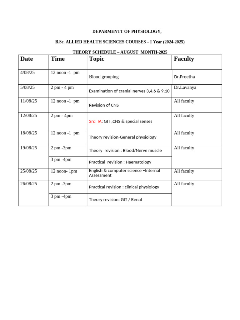 BSC Ahs Schedule - August - 011804 | PDF