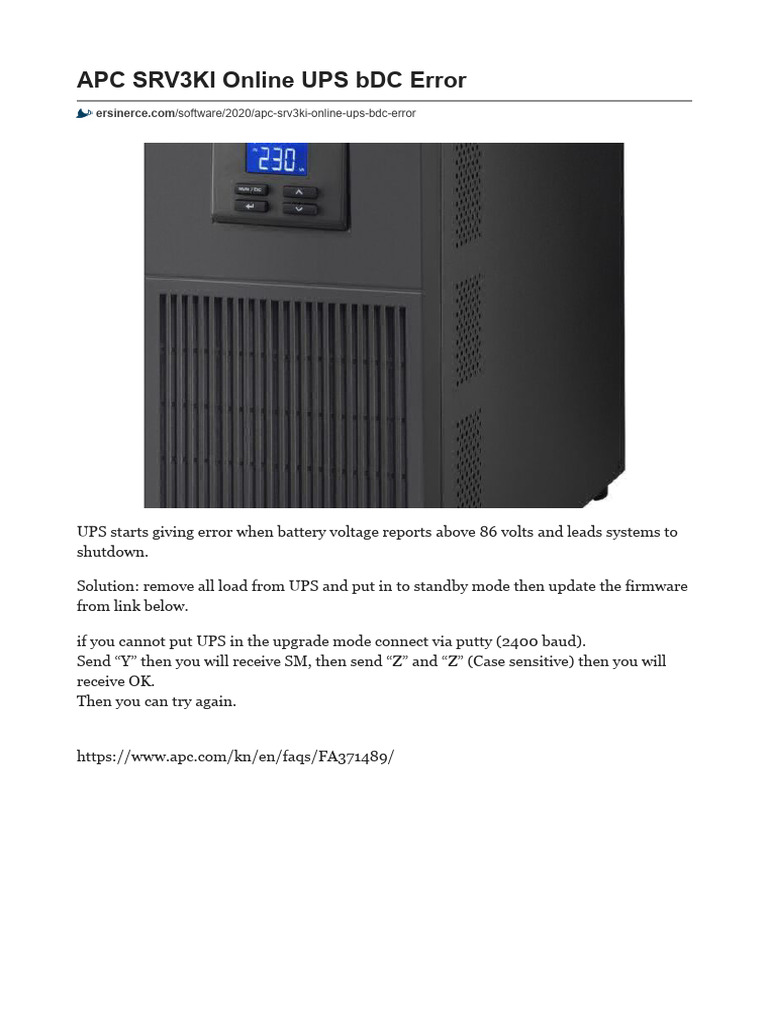 APC SRV3KI UPS BDC Error Solutions | PDF