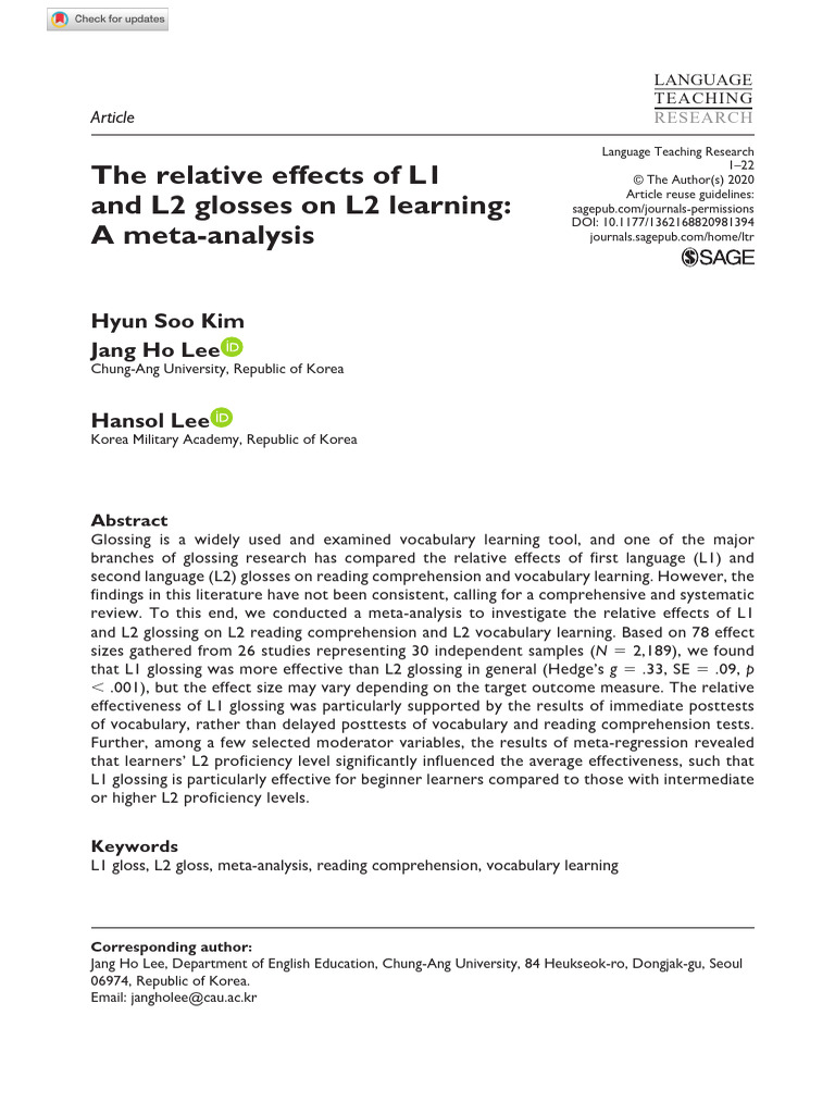 L1 vs L2 Glosses in L2 Learning Meta-Analysis | PDF | Effect Size ...